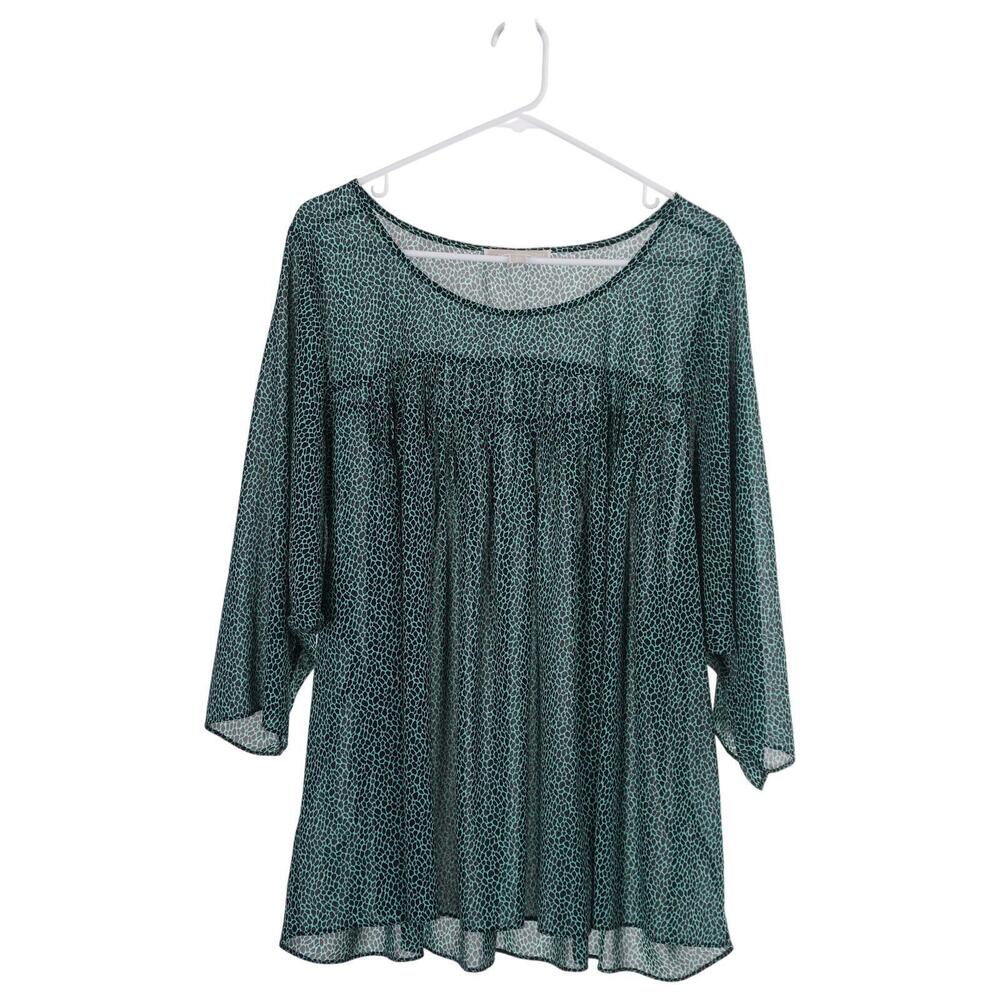 MICHAEL Michael Kors Top 2X Green Black Print Pullover Flowy Sheer 3/4 Sleeve